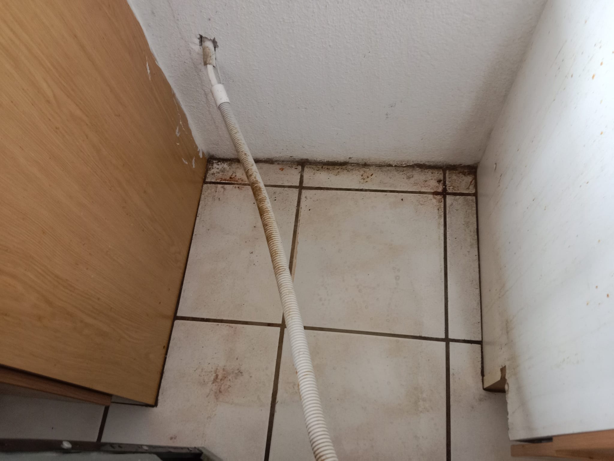 Dirty floor tiles and corners before cleaning